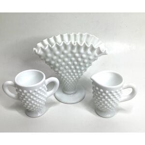 3 Hobnail Fenton Ruffled White‎ Milk Glass Creamer Sugar Cup Fan Vase Fenton?